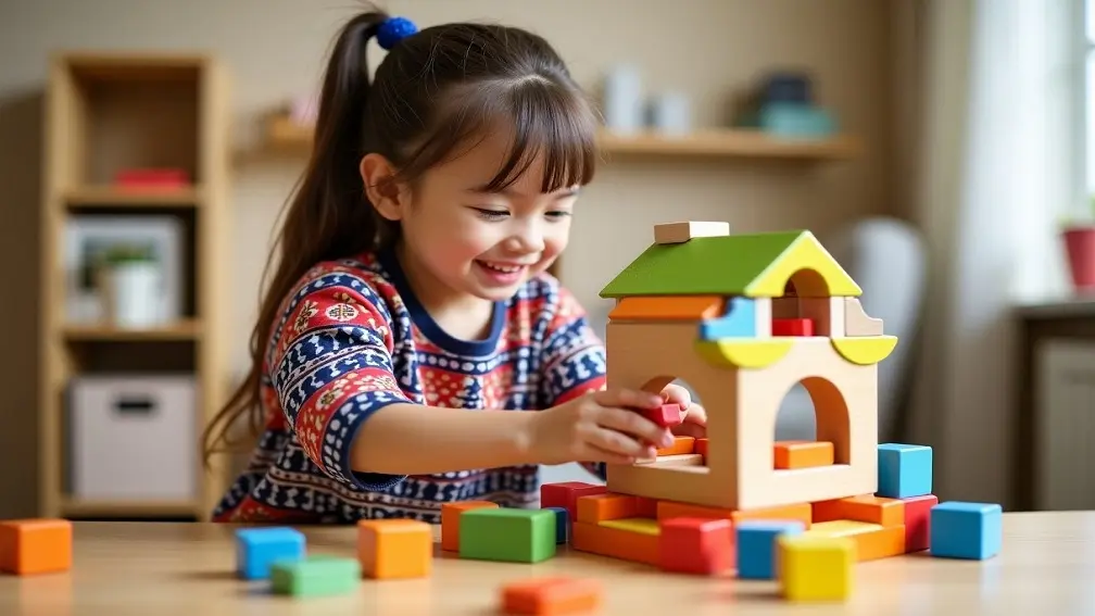 عکس یک دختر بچه در حال بازی با اسباب بازی خانه سازی