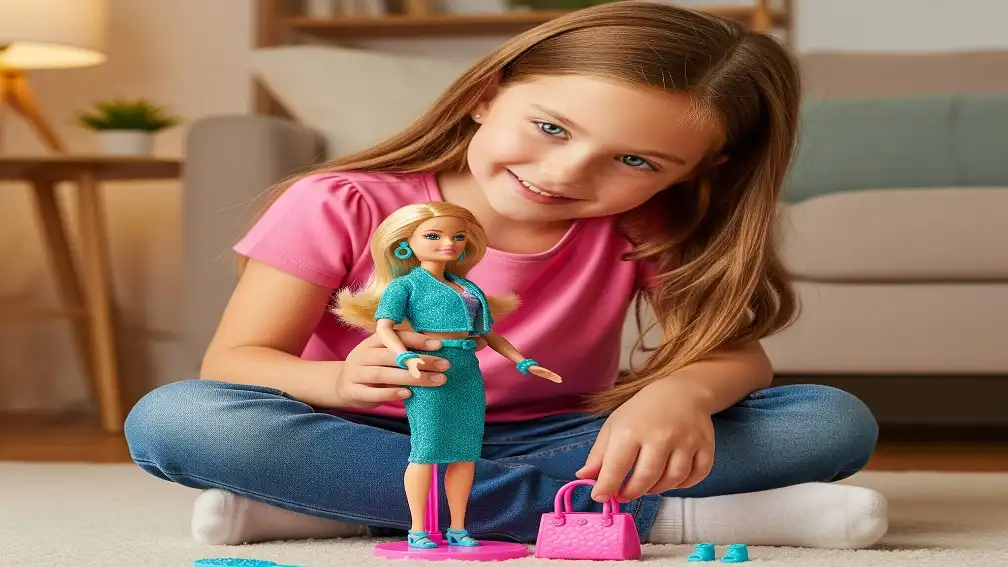 تصویر یک دختر کوچک در حال بازی با عروسک باربی