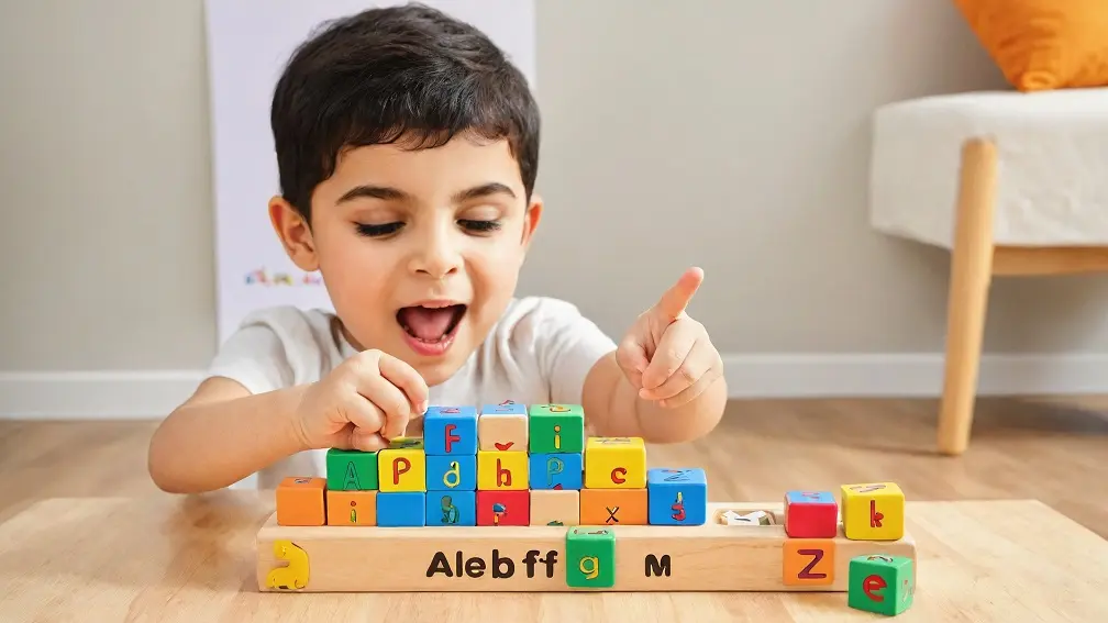 عکس یک کودک در حال بازی با پازل الفبایی