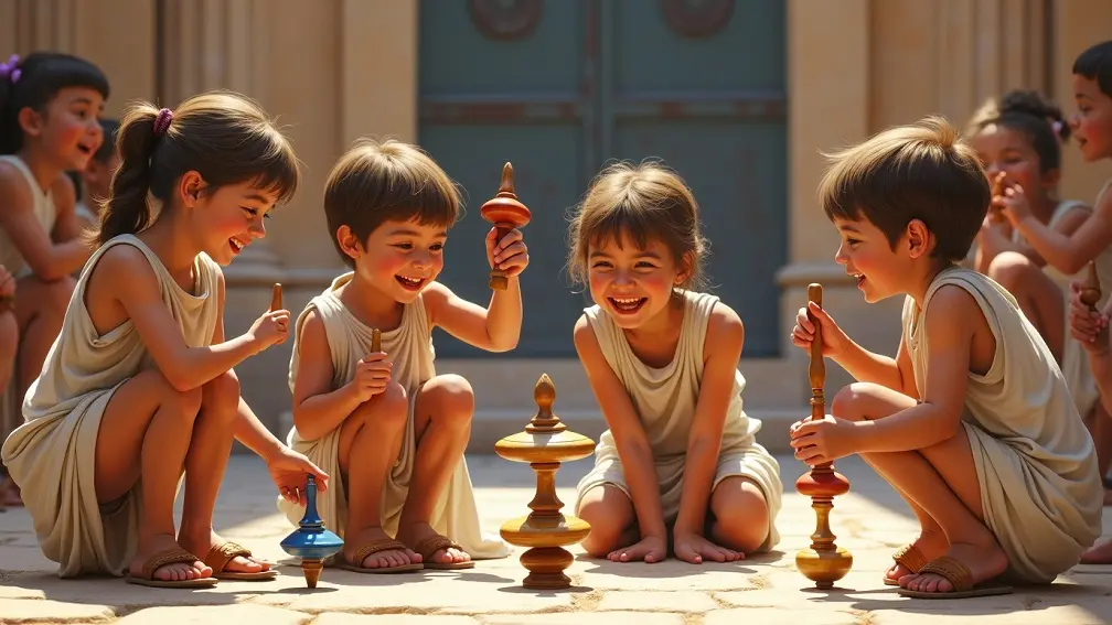 تصویر چند کودک در حال بازی با فرفره های چوبی در قدیم